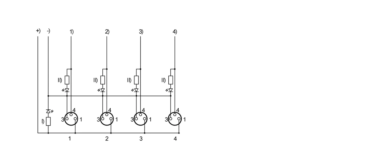 -) 蓝色，0.75 mm² +) 棕色，0.75 mm² 1) 白色 2) 绿色 3) 黄色 4) 灰色 I) LED绿色 II) LED黄色