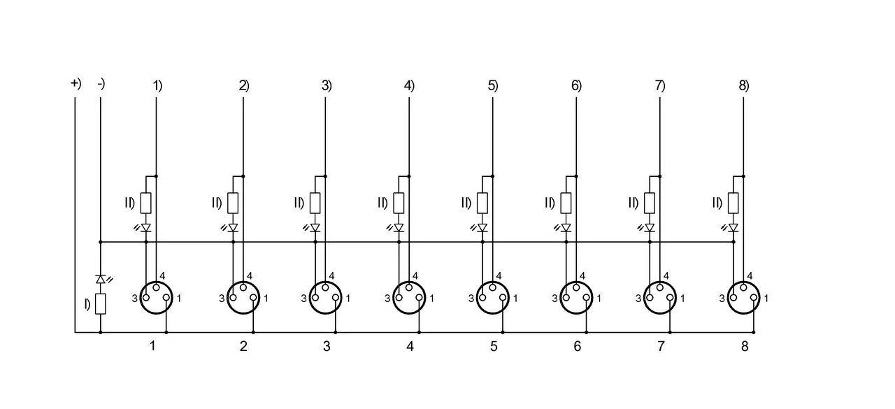 -) 蓝色，0.75 mm² +) 棕色，0.75 mm² 1) 白色 2) 绿色 3) 黄色 4) 灰色 5) 桃红 6) 红色 7) 黑色 8) 紫色 I) LED绿色 II) LED黄色
