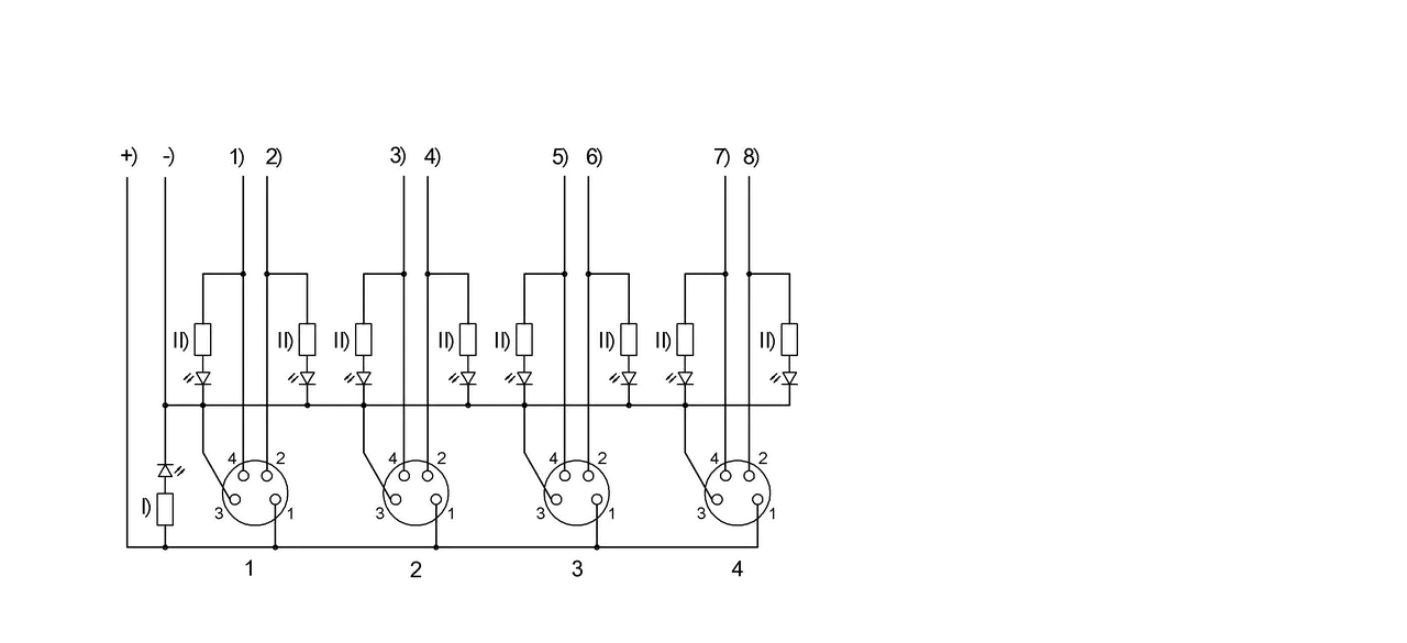 -) 蓝色，0.75 mm² +) 棕色，0.75 mm² 1) 白色 2) 灰色/桃红 3) 绿色 4) 红色/蓝色 5) 黄色 6) 白色/绿色 7) 灰色 8) 棕色/绿色 I) LED绿色 II) LED黄色