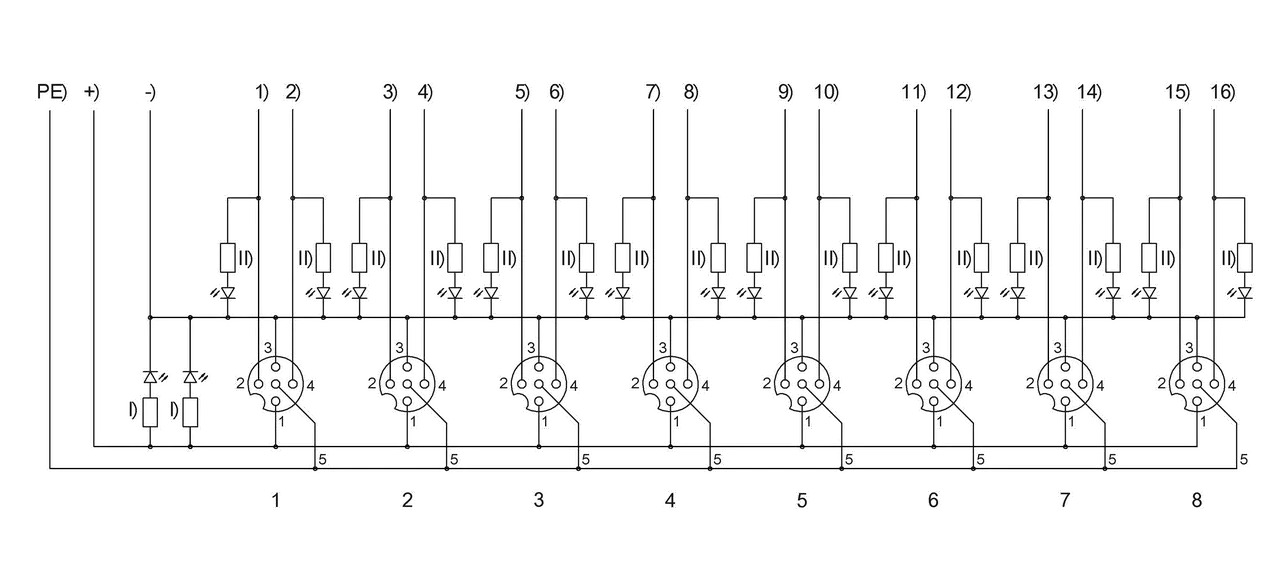 -) 蓝色，1.00 mm² +) 棕色，1.00 mm² 1) 灰色/桃红 2) 白色 3) 红色/蓝色 4) 绿色 5) 白色/绿色 6) 黄色 7) 棕色/绿色 8) 灰色 9) 白色/黄色 I) LED绿色 10) 桃红 11) 黄色/棕色 12) 红色 13) 白色/灰色 14) 黑色 15) 灰色/棕色 16) 紫色 II) LED黄色 PE) 绿色/黄色，1.00 mm²